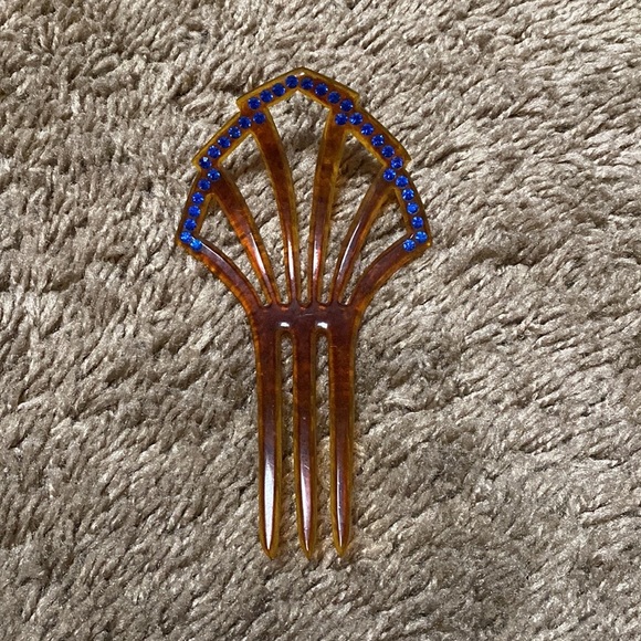 Vintage Accessories - VTG Art Deco Celluloid Blue Rhinestone Hair Fork Comb